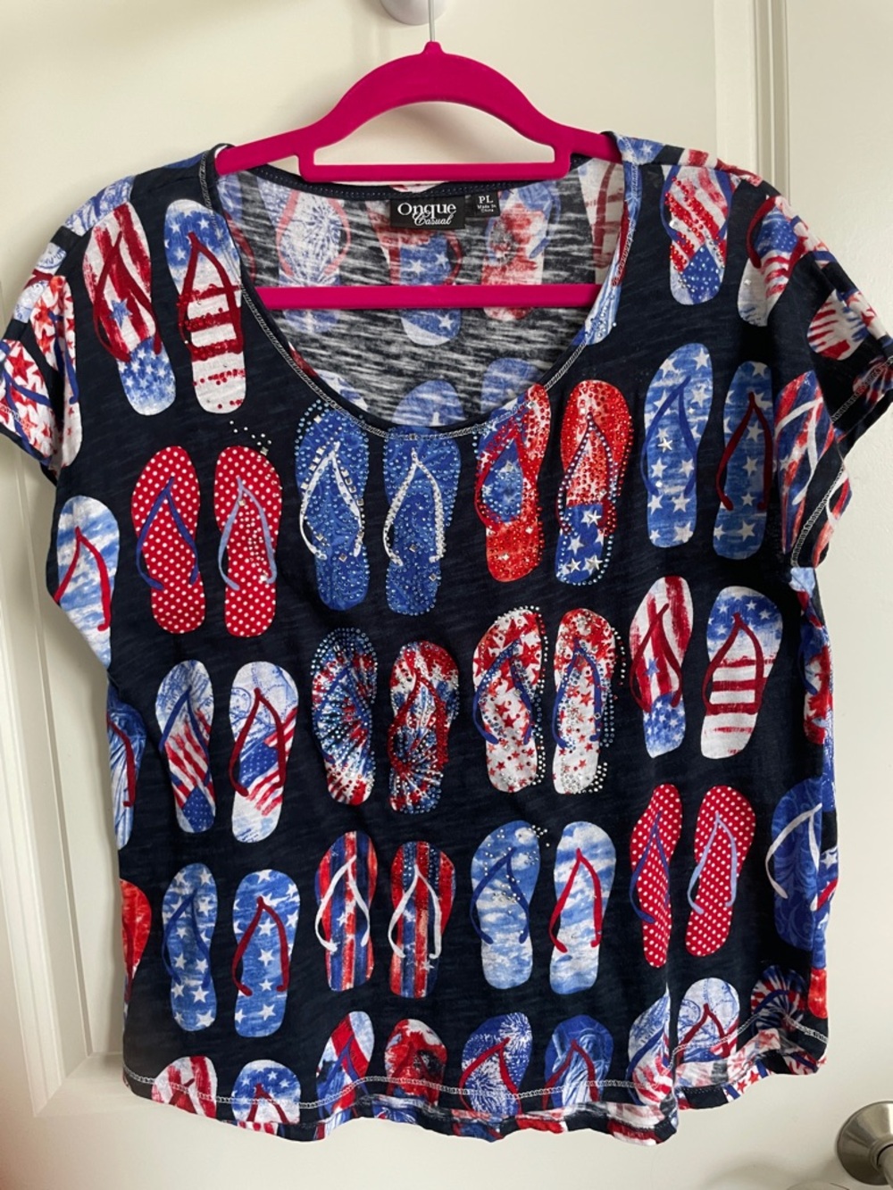 Onque Casual women's Petite Red White Blue Graphic Tee with bling flip flops